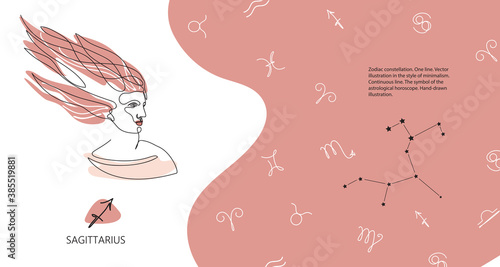 Zodiac background. Constellation Sagittarius. Horizontal banner. One line.