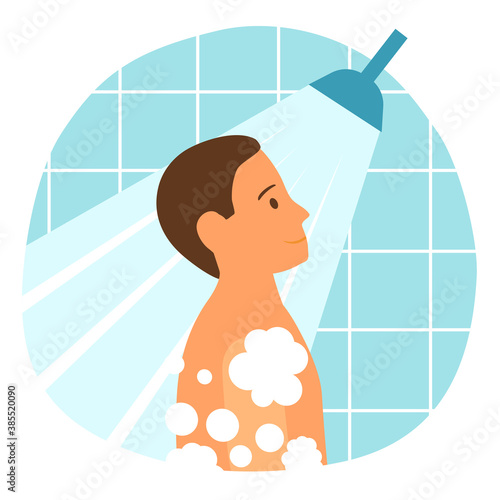 Man taking shower and washing hair in bathroom concept vector illustration. Daily routine activity of man in flat design. Body cleaning healthcare.

