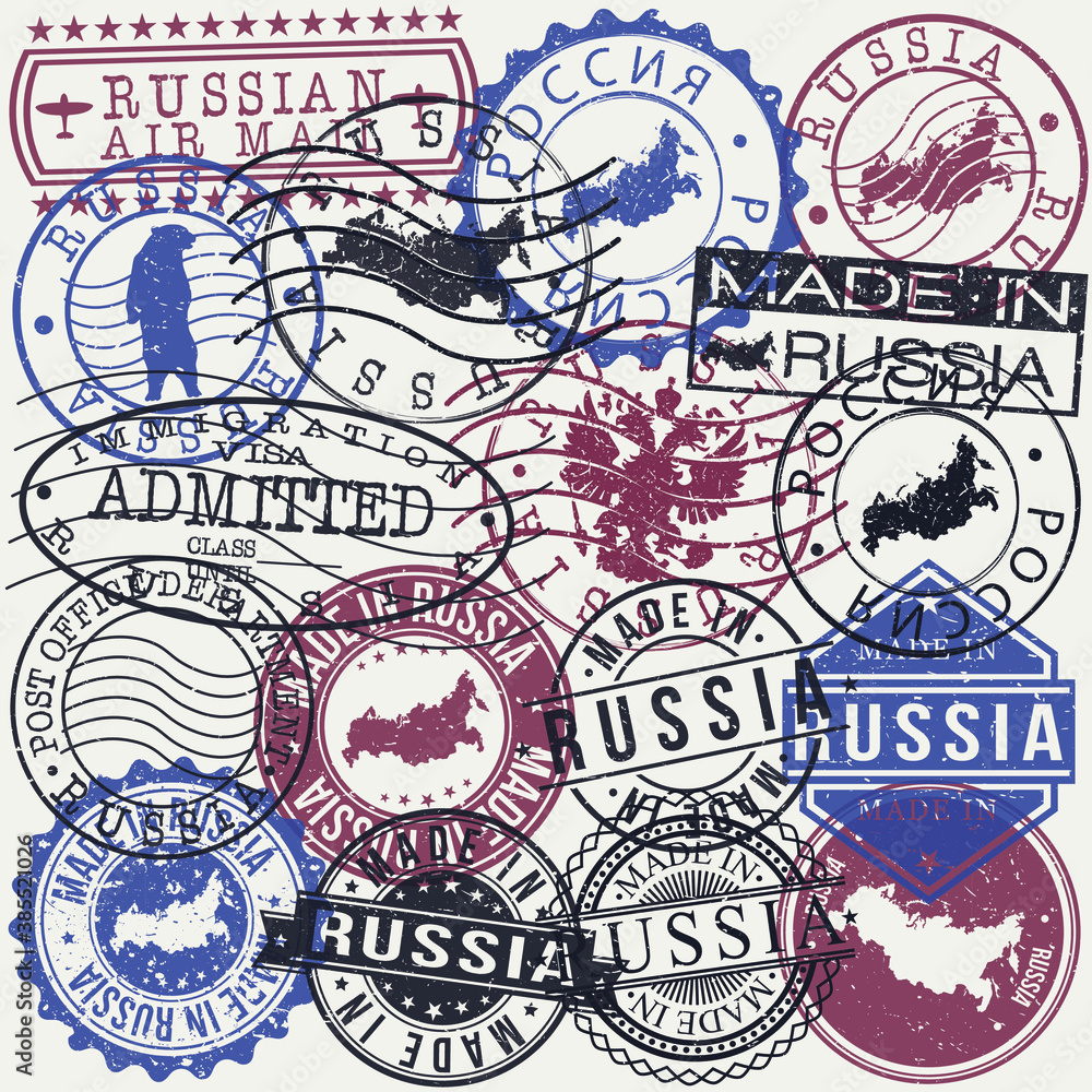 Russia Set of Stamps. Travel Passport Stamp. Made In Product. Design Seals Old Style Insignia. Icon Clip Art Vector.