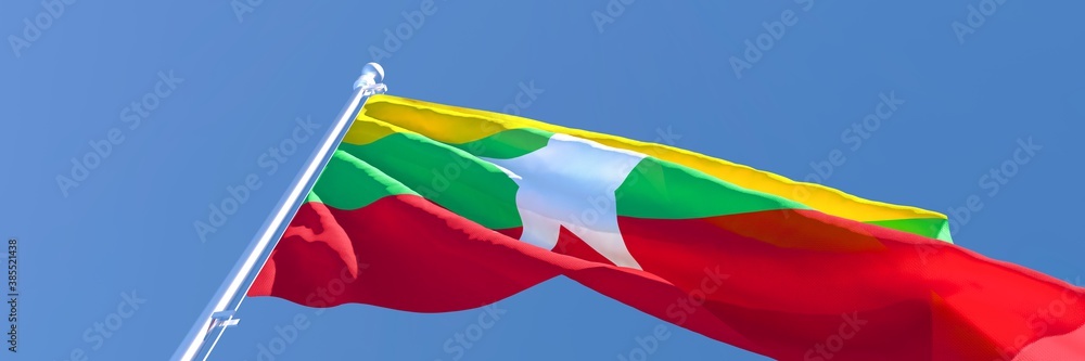 Obraz premium 3D rendering of the national flag of Myanmar waving in the wind