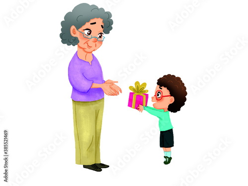 old cute grandmother gets a gift from cute little grandson