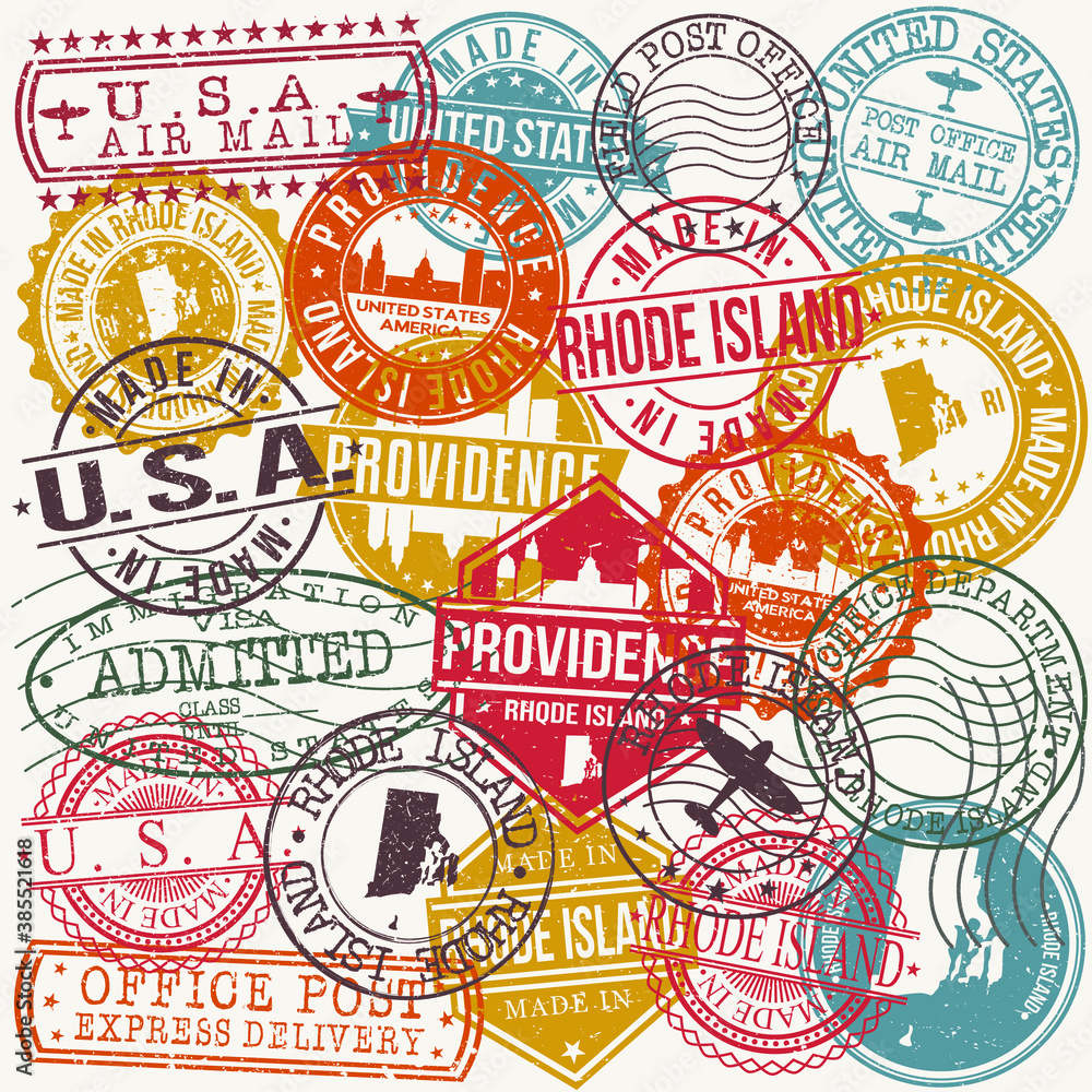 Providence Rhode Island Set of Stamps. Travel Stamp. Made In Product. Design Seals Old Style Insignia.