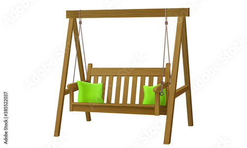 classic outdoor garden wooden hanging on frame porch swing bench furniture with ropes and two green pillows isolated on white background. 3d vector illustration
