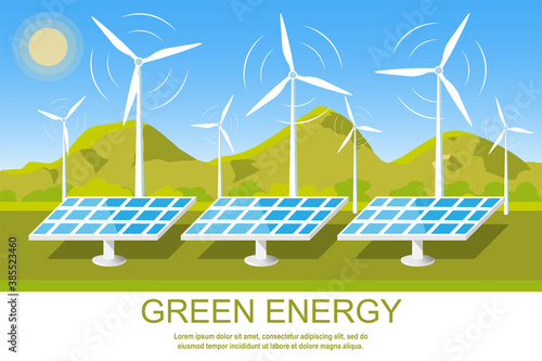 Green energy. Natural landscape. Alternative renewable energy concept. Vector illustration, flat style