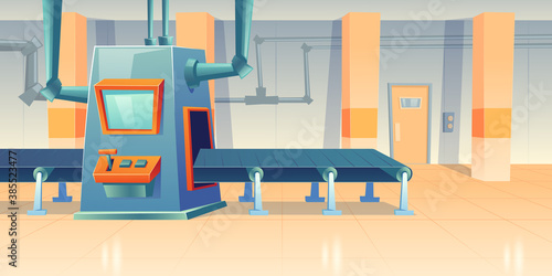Conveyor belt and assembly machine at factory, plant or warehouse. Vector cartoon interior of workshop production line with automated machinery. Engineering equipment on manufactory