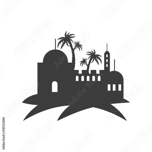desert city buildings palms scene silhouette
