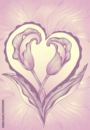 Two abstract flowers callas in form of heart  pink lilac in line art Zen tangle or Zen doodle style for invitation or  congratulation  wedding or  for creative Post Card with Love