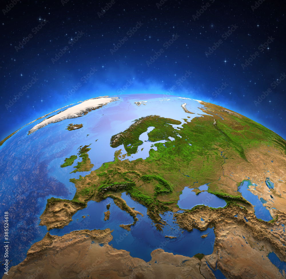 Surface of the Planet Earth viewed from a satellite, focused on Europe. Physical map of European countries - Elements of this image furnished by NASA.