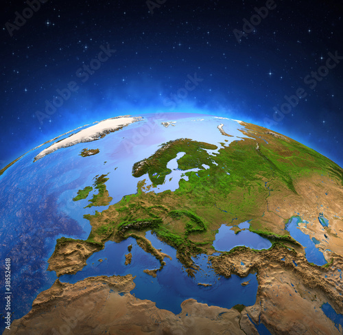 Surface of the Planet Earth viewed from a satellite  focused on Europe. Physical map of European countries - Elements of this image furnished by NASA.