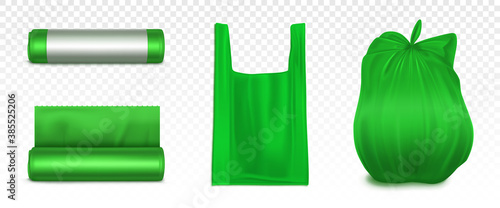 Trash bag mockup, plastic roll and sack empty full of garbage. Green disposable package for rubbish mock up. Household supplies for waste throw isolated on background. Realistic 3d vector illustration