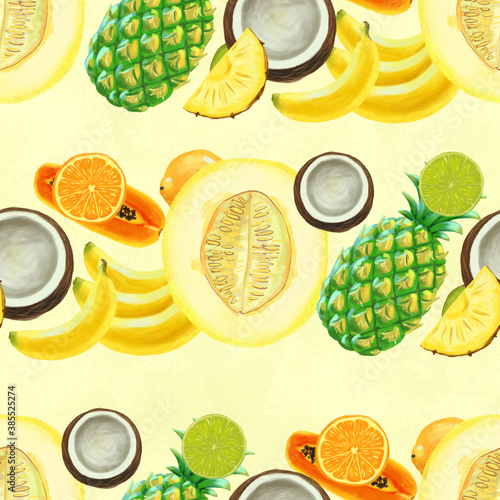 Fototapeta Naklejka Na Ścianę i Meble -  Hand drawn seamless pattern. Summer background with exotic fruits.