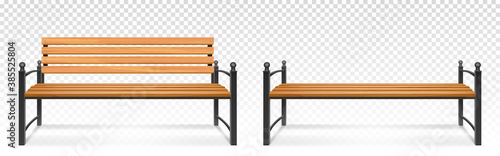 Wooden bench for park or garden. Vector realistic set of outdoor furniture for seat, bench from wood and metal for comfortable rest outside isolated on transparent background