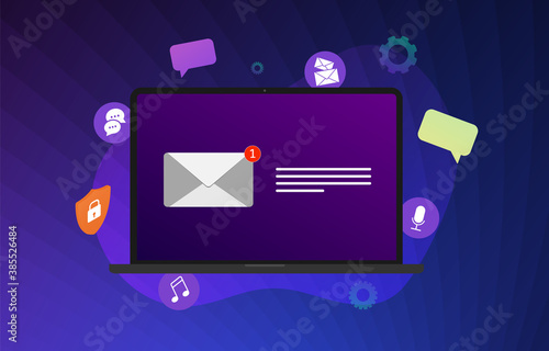 Email message notification flat vector communication illustration concept. New unread newsletter notice with popup mail icon on the laptop computer screen