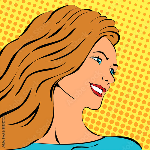 Portrait of a beautiful girl with a happy smile. Vector colorful illustration in pop art style.