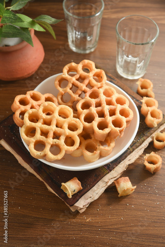 Rose Cookies or Achu Murruku Achappam  achapum, puvvulu, rosette cookie Anglo Indian cookie Indian Christians christmas, rice flour,   Kerala South India Traditional Malaysian, Indonesian and Brunei  photo