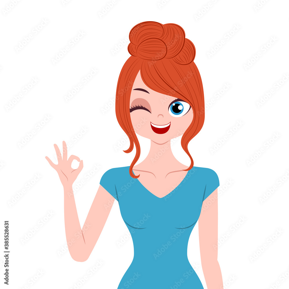 Young woman character gesturing ok sign isolated on white background Young woman character gesturing ok sign isolated on white background
