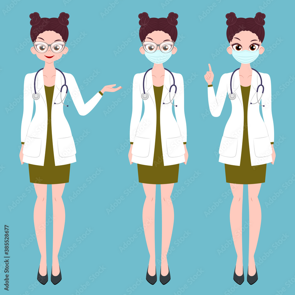 Young lady doctor character in different poses wearing medical mask with stethoscope Young lady doctor character in different poses wearing medical mask with stethoscope