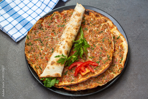 Traditional delicious Turkish foods; Lahmacun (Turkish pizza)