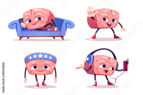 Cute brain character in different poses. Vector set of cartoon chat bot, funny human brain relax on sofa, sport training and listen music in headphones. Creative emoji set, smart mascot