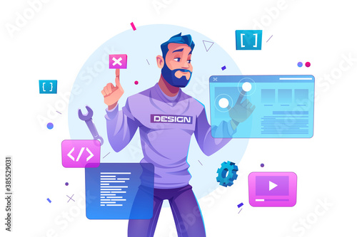 Web development, programmer engineering and coding website on augmented reality interface screens. developer project engineer programming software or application design, Cartoon vector illustration