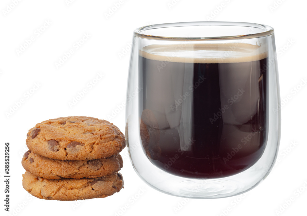 Glass cup of coffee with chocolate chip cookie isolated on white Glass cup of coffee with chocolate chip cookie isolated on white
