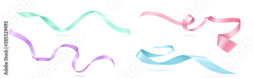 Bows and curly ribbons. Festive elements for wrapping gift box, birthday present or invitation card design, green, blue, pink and purple stripes isolated on white background. Realistic 3d vector set