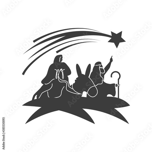 nativity, joseph with mary on donkey pointing star in the sky, traditional celebration religious