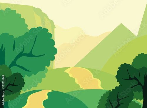 landscape path rural hills trees foliage nature