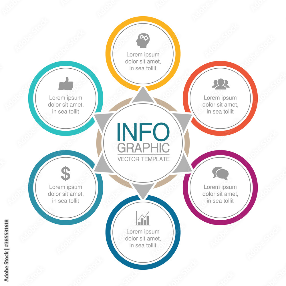 Vector infographic template, circle with 6 steps or options. Data presentation, business concept design for web, brochure, diagram.