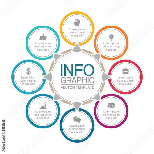 Vector infographic template, circle with 8steps or options. Data presentation, business concept design for web, brochure, diagram.