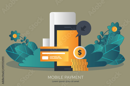 On line shopping and payment Methods. Mobile payments. Pay per click and online order. Flat vector illustration