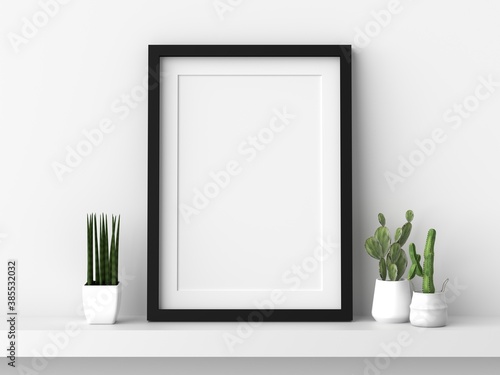 Empty photo frame hanging for mockup in empty white room. 3D rendering.