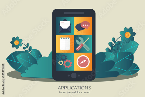 Mobile application and mobile app development concept. Project development and business ideas. Flat vector illustration.