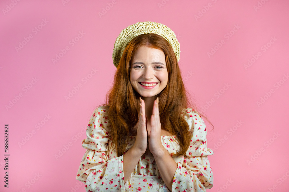Excited gorgeous woman can't believe, clapping hands - she won lottery prize. Surprised, satisfied with great news, looking at camera with amusement. Pink studio background. Excited gorgeous woman can't believe, clapping hands - she won lottery prize. Surprised, satisfied with great news, looking at camera with amusement. Pink studio background.
