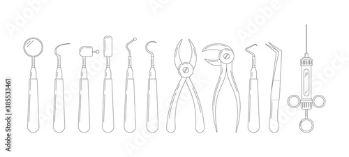 Dental tools line art icon set isolated on white background. Stomatology instruments collection scraper, mirror, forcep, explorer, elevator. Dentist tools flat editable linear vector illustration.