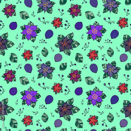 Passion fruit and flowers on pale turquoise