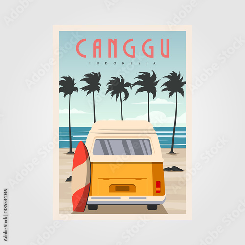 canggu beach with vintage car background design, surfing poster vintage illustration design. photo