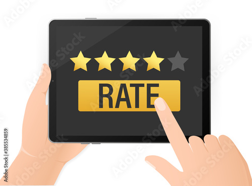 Icon for concept design. Flat rate tablet for mobile device design. Mobile device concept. Vector illustration. Rating hands with tablet.