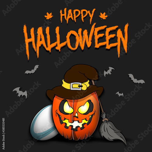 Happy Halloween. Template rugby design. Rugby ball in the form of a pumpkinin in witch hat on an isolated background. Pattern for banner, poster, greeting card, invitation. Vector illustration
