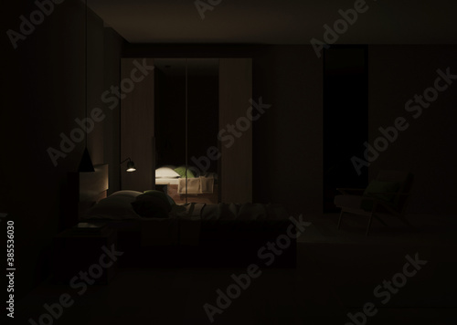 Modern bedroom interior. Night. Evening lighting. 3D rendering.