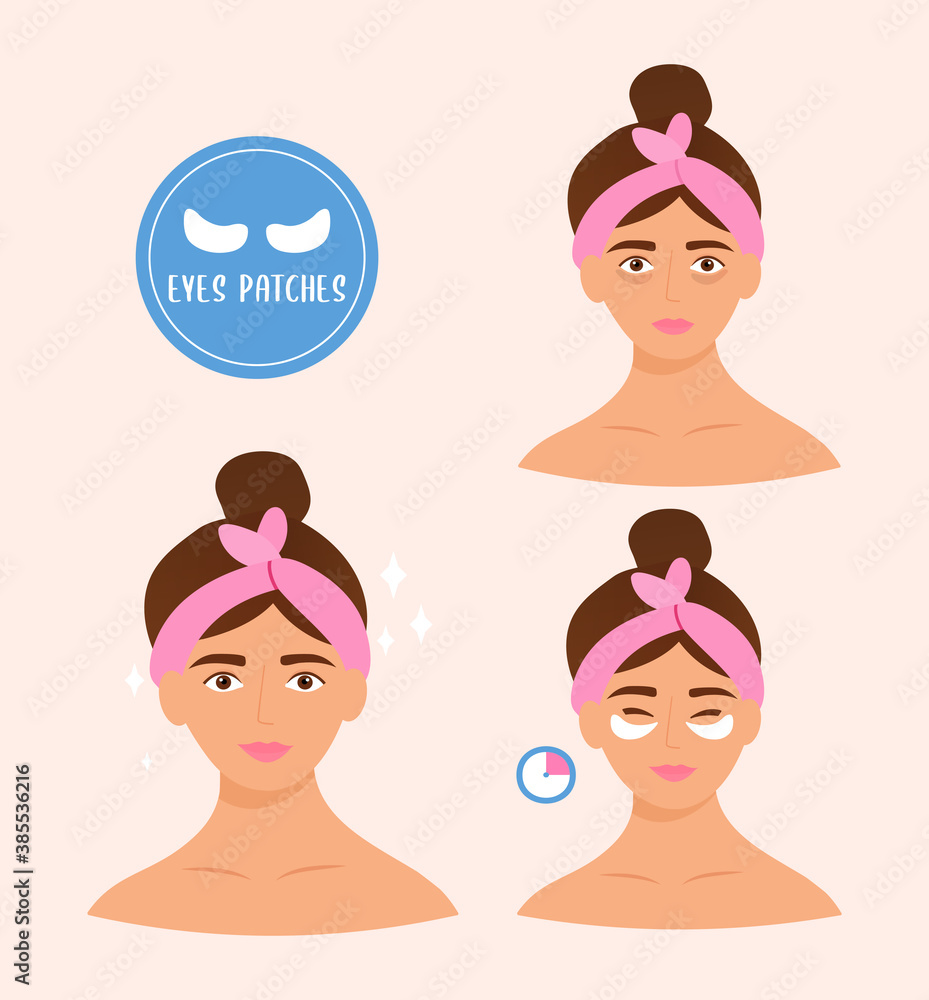 Pretty young woman using special cosmetic patches to eliminate bags under her eyes. Instruction or banner. Flat cartoon vector illustration. Pretty young woman using special cosmetic patches to eliminate bags under her eyes. Instruction or banner. Flat cartoon vector illustration.