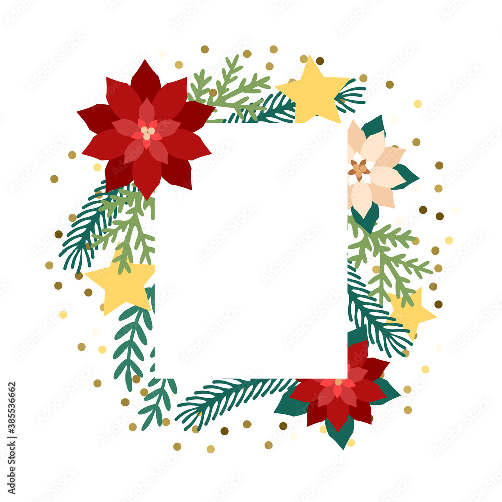 Frame poinsettia flower, stars and firtree branches. Template for christmas greeting card, party invitation design. Vector illustration flat cartoon. Frame poinsettia flower, stars and firtree branches. Template for christmas greeting card, party invitation design. Vector illustration flat cartoon.