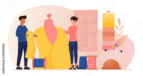 Fashion designer abstract concept. Fashion designers a man and a woman try on a new model of clothing on a mannequin. Flat cartoon vector illustration