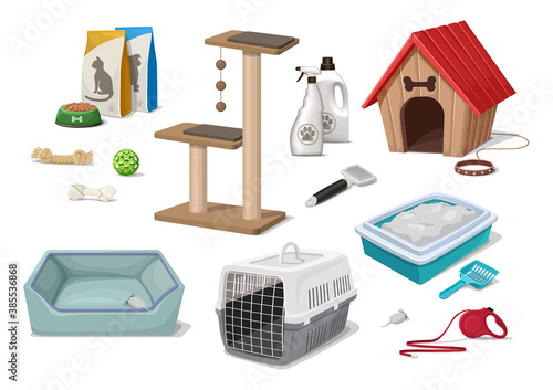 Vector cartoon style pet shop supermarket dog and cat litter, house, play tree, toys,grooming tools, food pack.