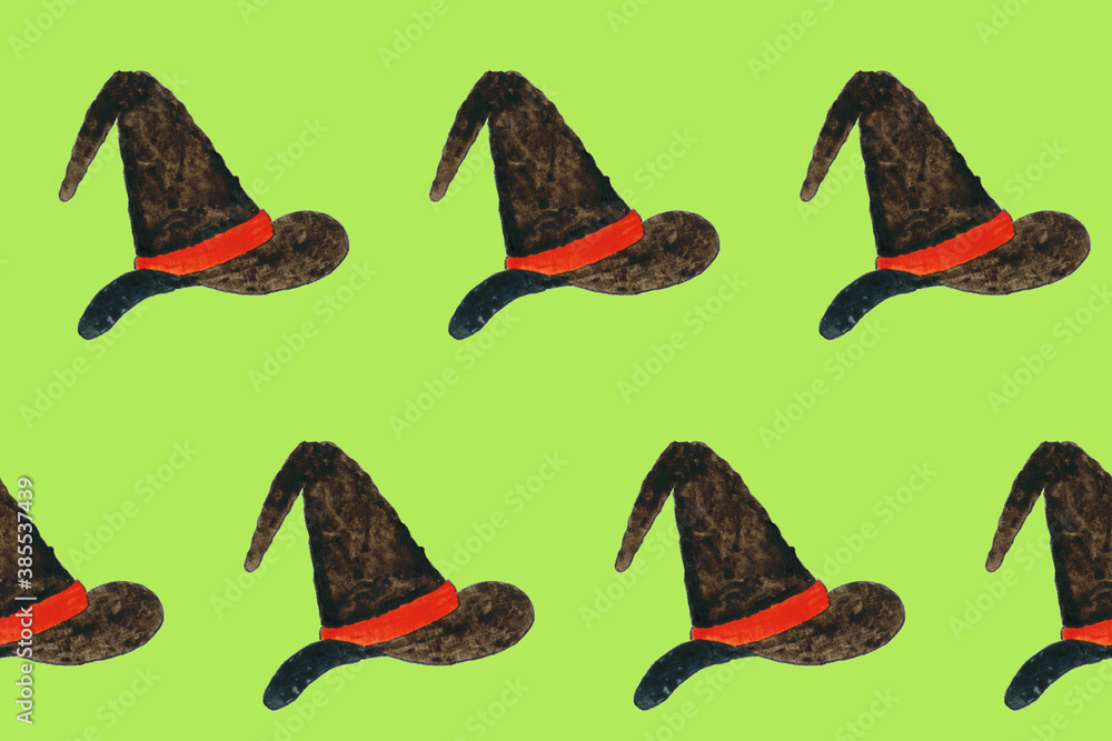 Seamless pattern with watercolor witch hat on green board. Design element for Halloween. Symbol of witchcraft. Magician or wizard hat. Print for textile, greeting cards, wrapping paper, decor, design