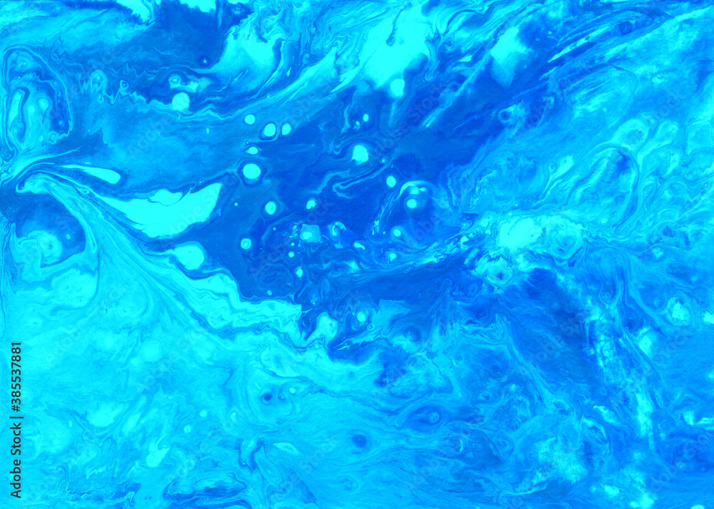 Abstract fluid art background. Blue, azure and turquoise colors mix together. Beautiful creative print. Abstract art hand paint. Original artwork. Color splashing on paper. Cosmic texture