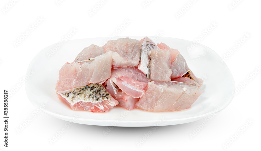 barramundi or seabass fish sliced with dish isolated on white background ,include clipping path