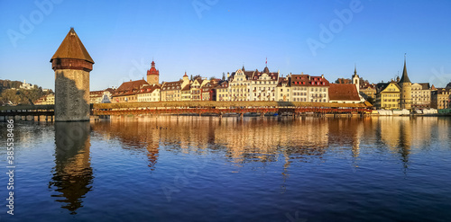 Ultra wide panorama of Luzern with house reflected in the Reuss River