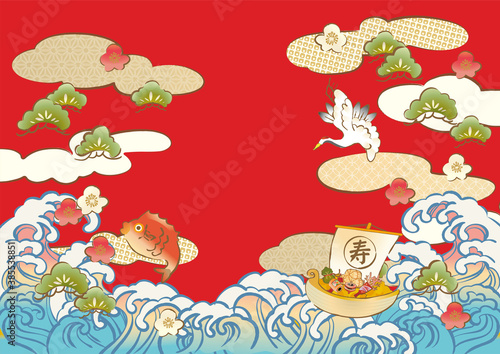 宝船と鯛と波のおめでたいイラスト