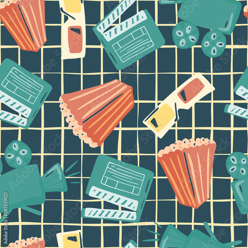 Bright seamless doodle pattern with popcorn, camera, 3d glasses and clapperboard ornament. Stylized cinema movie style. Navy blue chequered background.